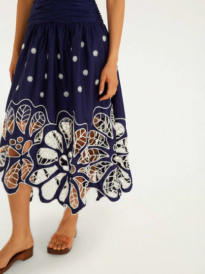 Printed halter-neck hollow midi dress - navy blue