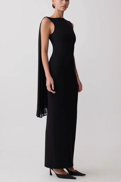 black one-shoulder streamer hip-hugging dress
