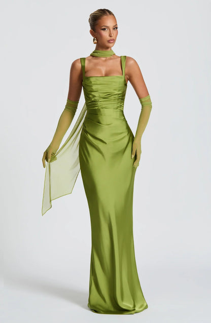 green satin herring bone slip dress
