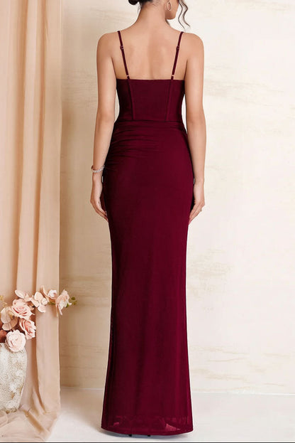 red wine suspender mesh lace patchwork lace-up pleated dress