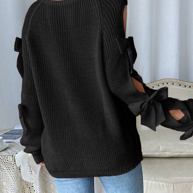 Black Bow-Detail Cold Shoulder Knit Sweater Premium Fabric - product view 3