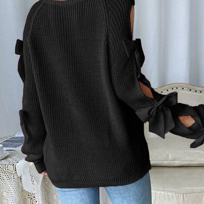 Black Bow-Detail Cold Shoulder Knit Sweater Premium Fabric - product view 3