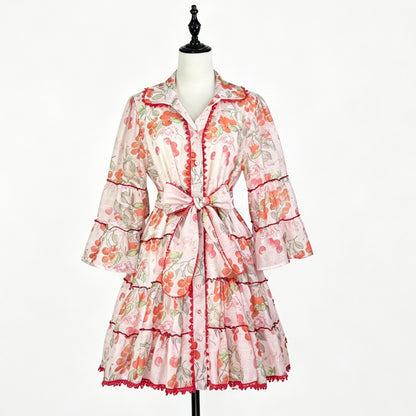 Botanical Print Lace Single Breasted Mini Dress - pink