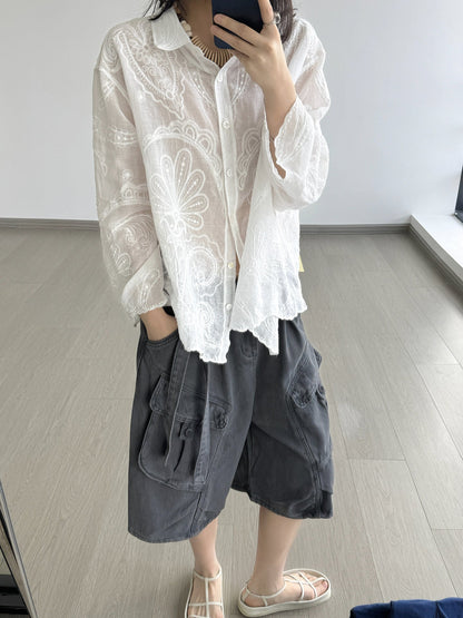 Lightweight Embroidered Paisley Cardigan Shirt - White