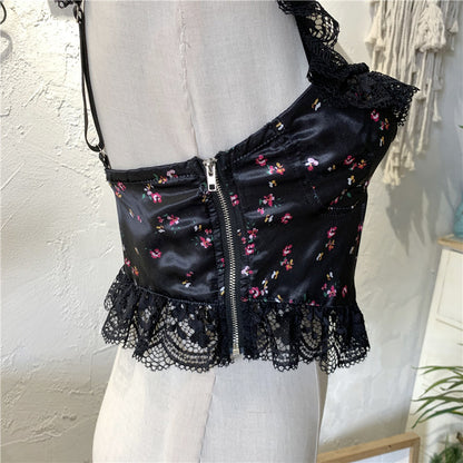 black floral lace panels suspenders