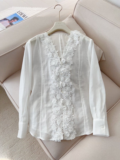 Lace Embroidery V-Neck Ramie Shirt
