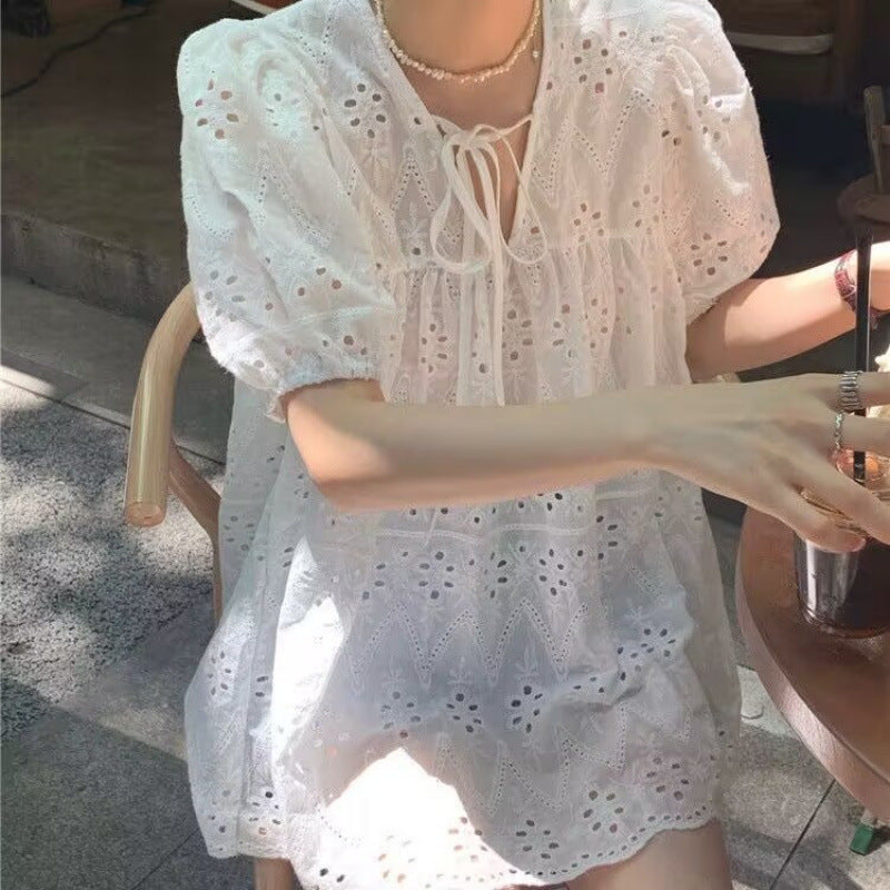 Hollow-out lace puff sleeve blouse