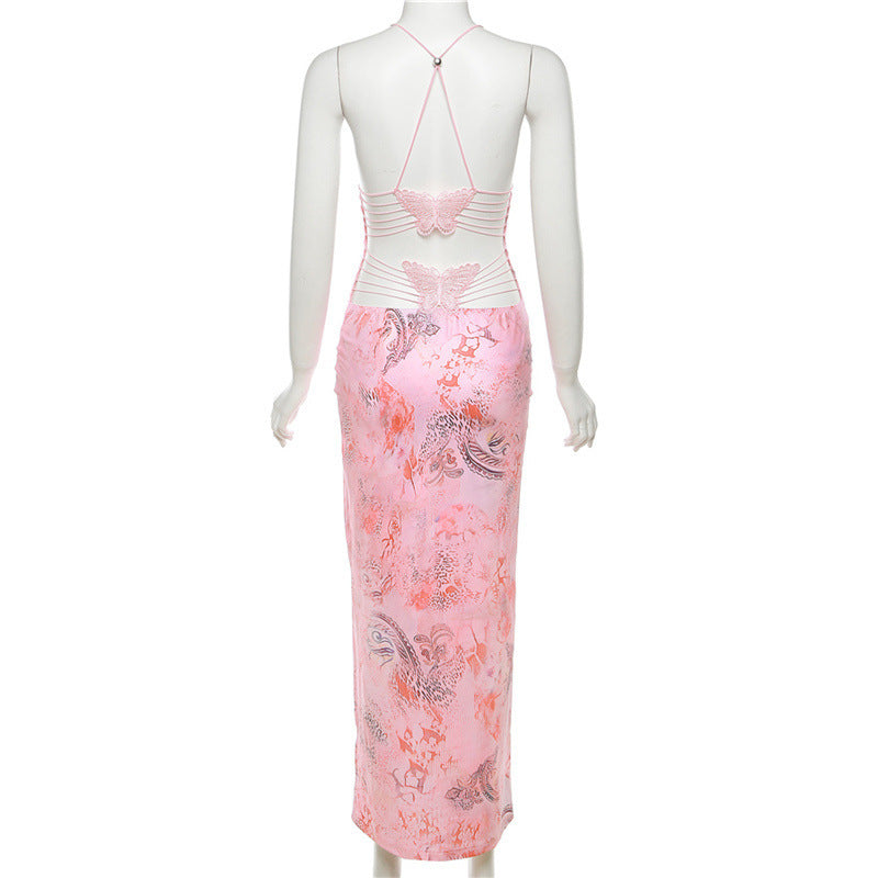 Printed Strappy Butterfly Backless Plunge Sheath Slip Maxi Dress