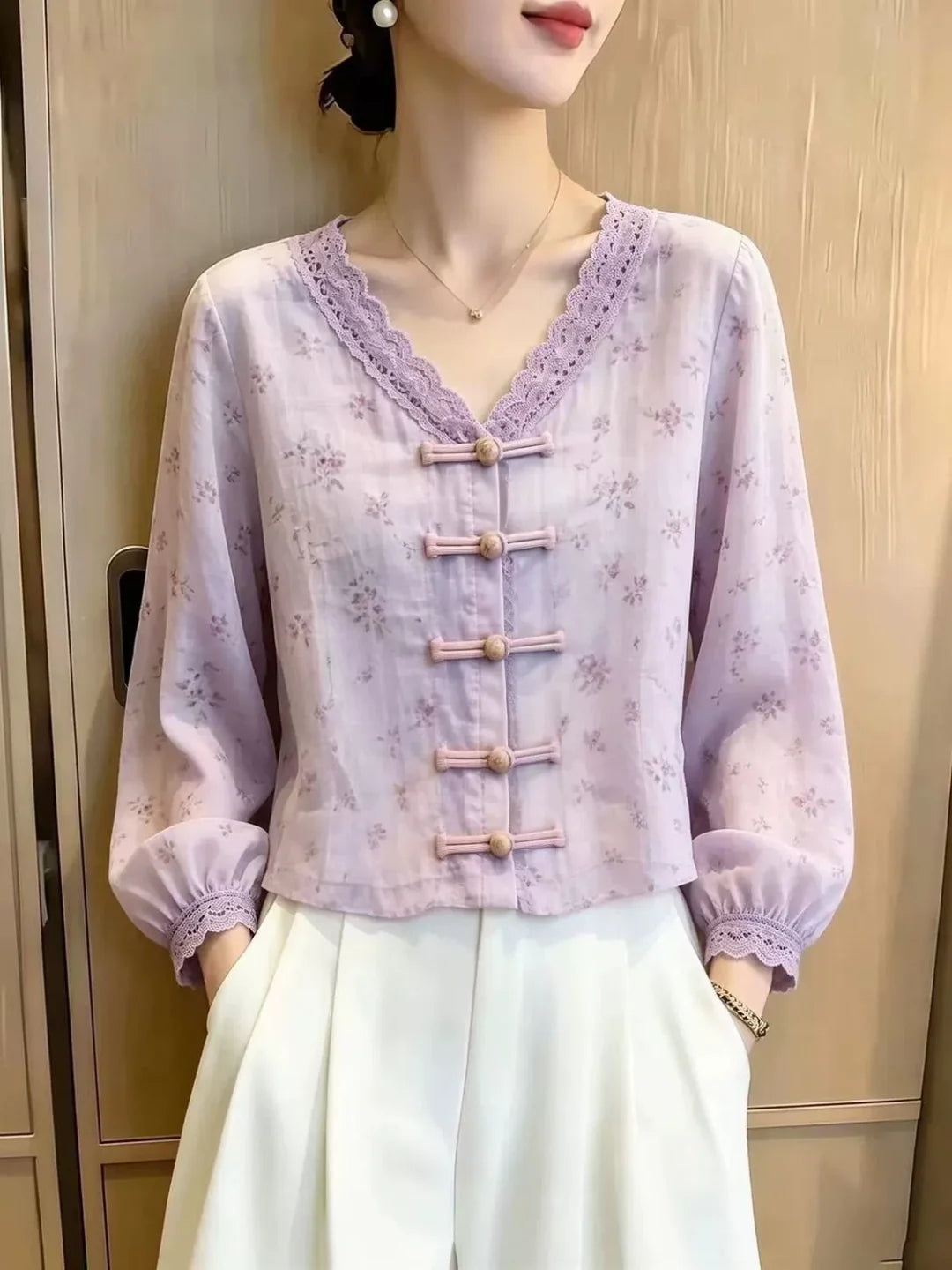 V-neck Floral Lace Trim Top