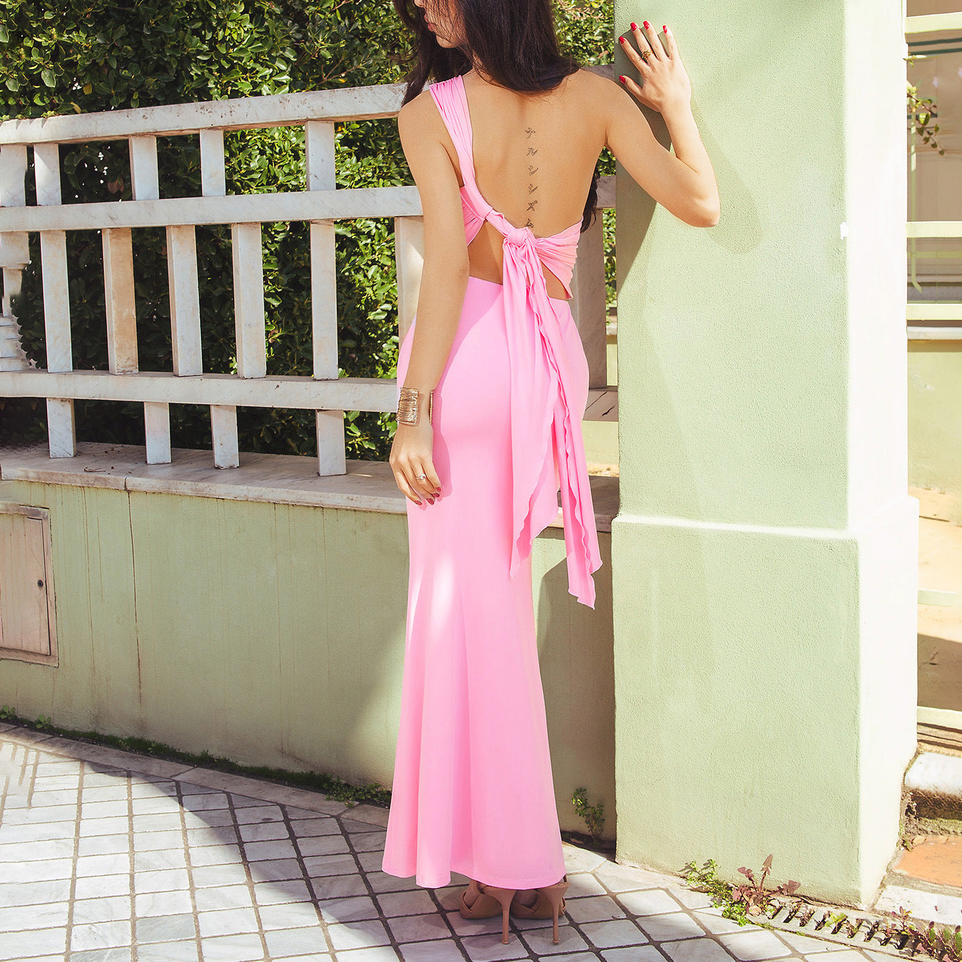 pink backless strap diagonal one-shoulder maxi dress