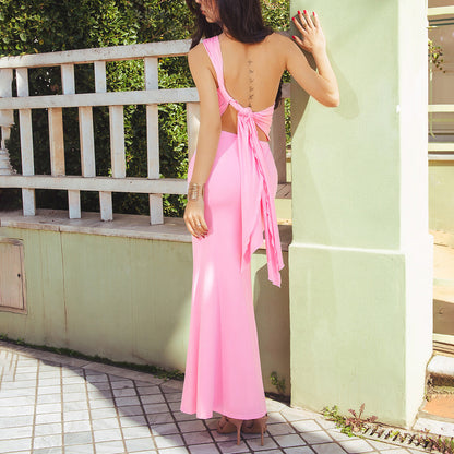 pink backless strap diagonal one-shoulder maxi dress