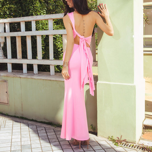 pink backless strap diagonal one-shoulder maxi dress