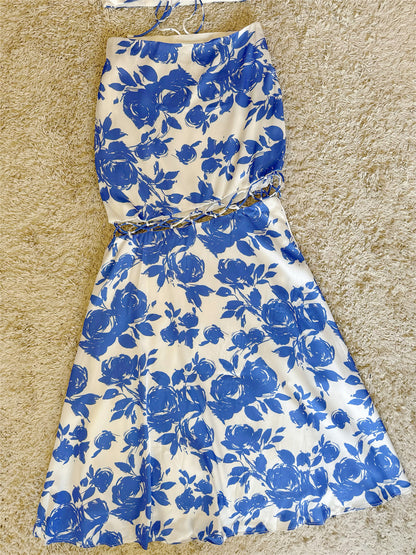 Sleeveless Tie Crop Top & Midi Skirt Floral Two-Piece Set