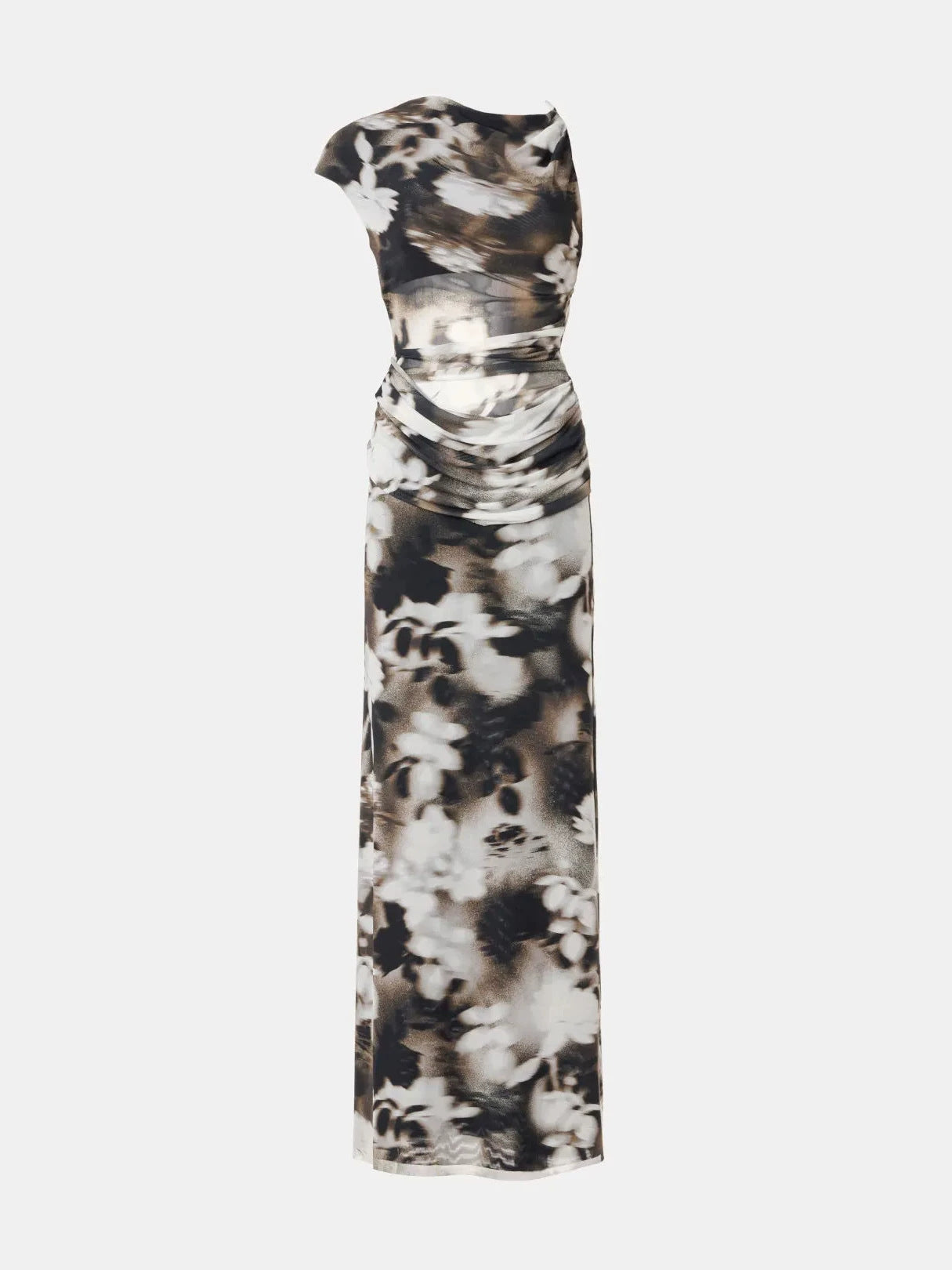Ink-wash floral print backless mesh ruched bodycon maxi dress
