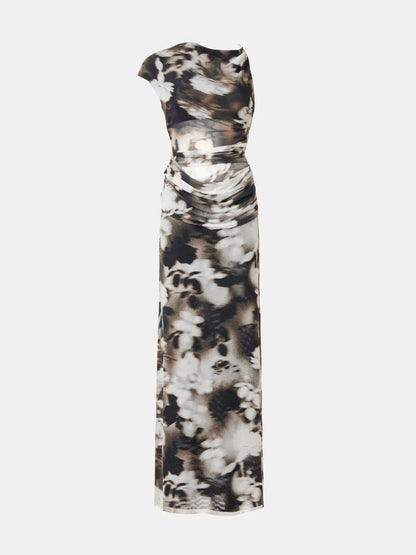 Ink-wash floral print backless mesh ruched bodycon maxi dress