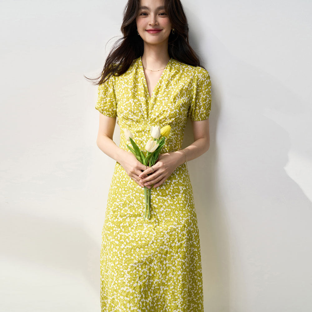 High-waisted V-neck pleated texture floral print midi dress - green