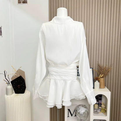 Collared mesh ruffled long-sleeved shirt and skirt