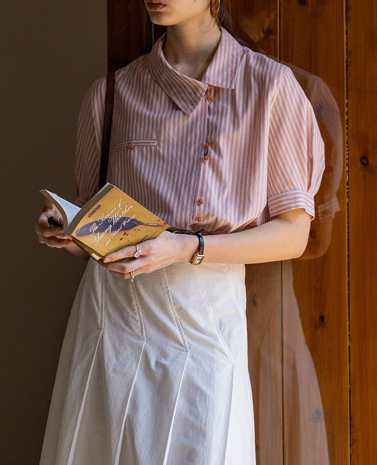blend stripe placket collar short sleeve design shirt