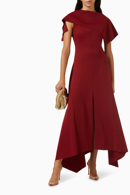 red blocking slit waist dress