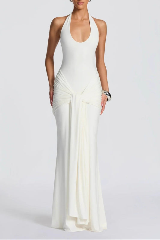 white streamer splicing suspender halterneck dress