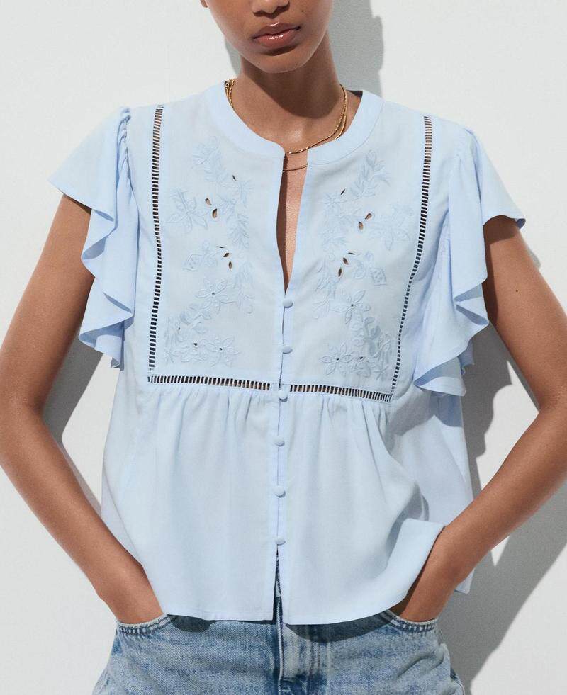 blue Hollow Embroidered Layered Lapel Short-Sleeve Shirt