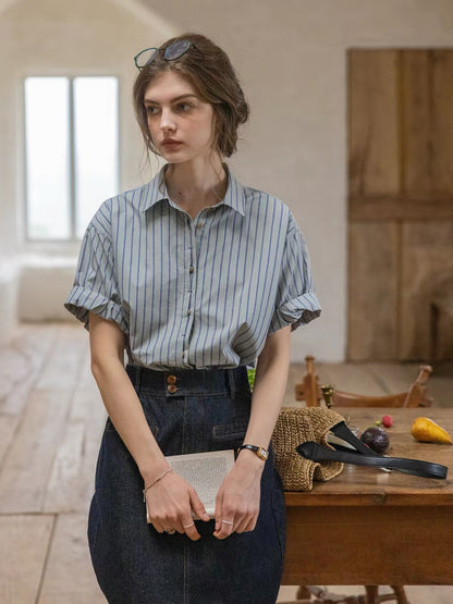 cotton dark striped color-block patchwork shirt