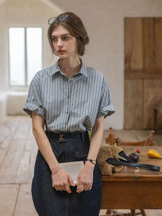 cotton dark striped color-block patchwork shirt