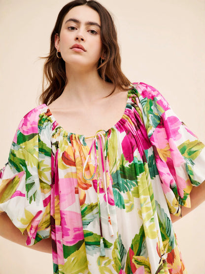 Floral print square neck puff sleeve maxi dress