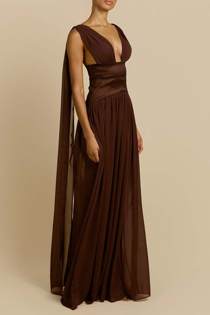 brown swing pleated waist maxi dress