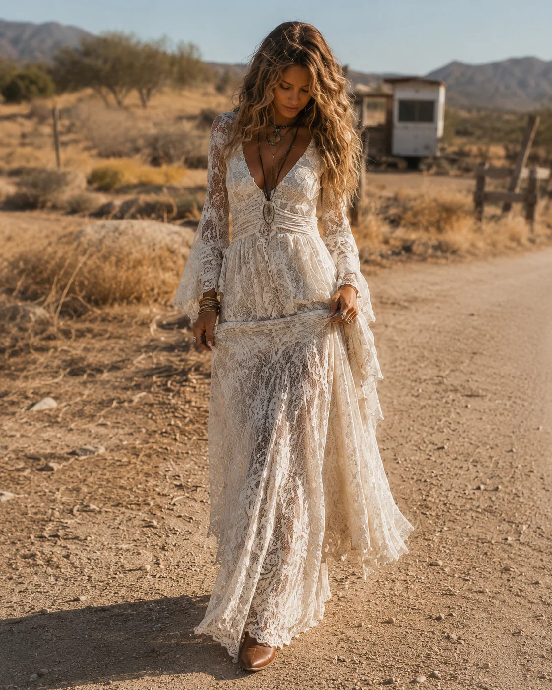 V-neck High Waist Lace Flared Long Sleeve Dress