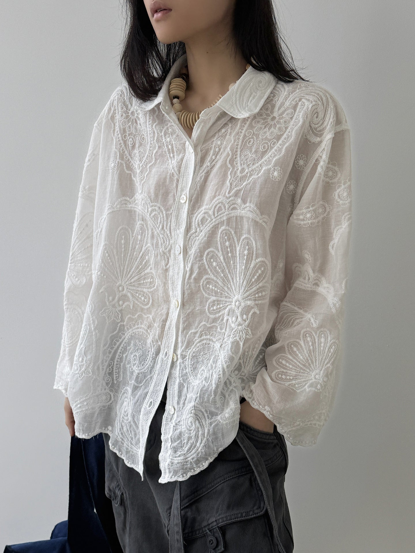 Lightweight Embroidered Paisley Cardigan Shirt - White