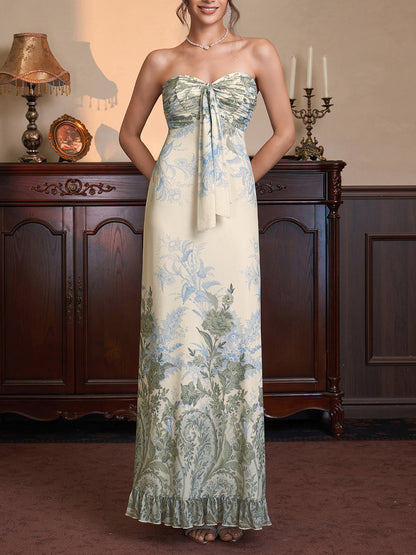 green mesh print strapless back ruffled embroidered dress