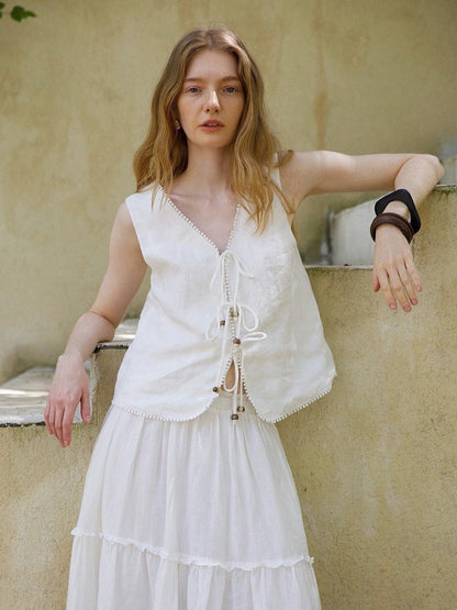Beaded Linen Lace-up Access Vest