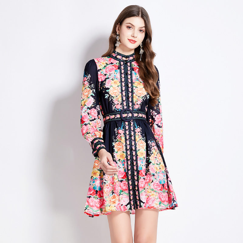 Stand-collar single-breasted lantern-sleeve mini dress