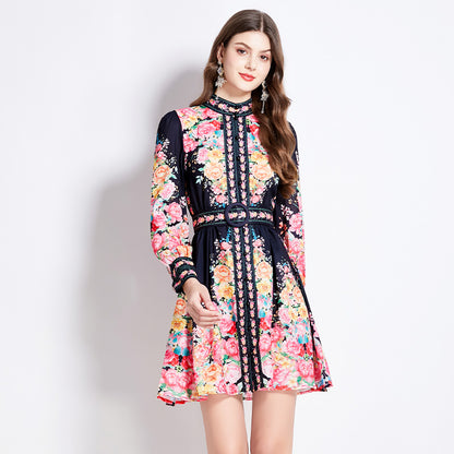 Stand-collar single-breasted lantern-sleeve mini dress