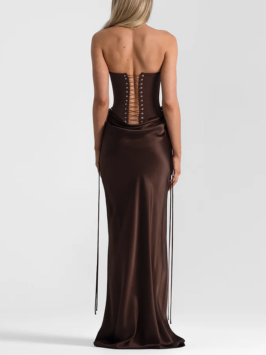 brown bandeau herringbone evening dress