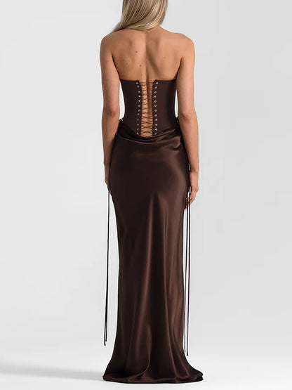 brown bandeau herringbone evening dress