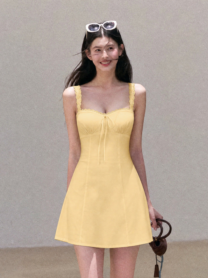 yellow Tencel Bamboo Joint strap backless mini dress