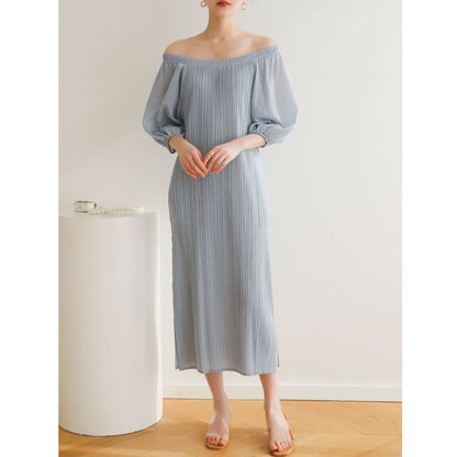 Pleated pastoral style bubble short-sleeved midi dress