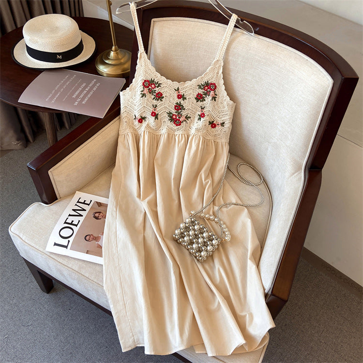 Hollow-out embroidered camisole midi dress