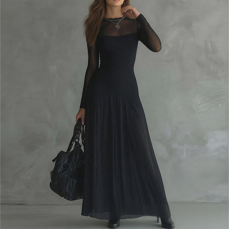 black Lace Splicing Slim maxi Dress