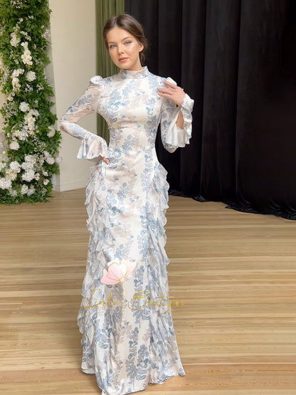 blue print satin long sleeve maxi dress
