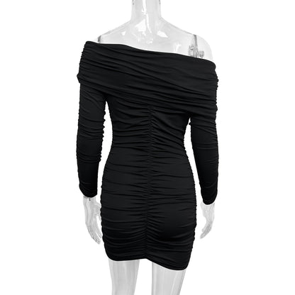 black Off-the-shoulder long sleeve  pleated bodycon mini dress