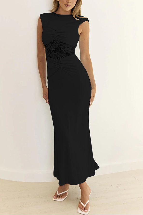 black Neck Sleeveless Lace Stitched Mermaid Dress
