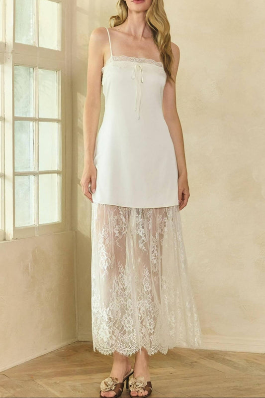 white lace satin slip dress
