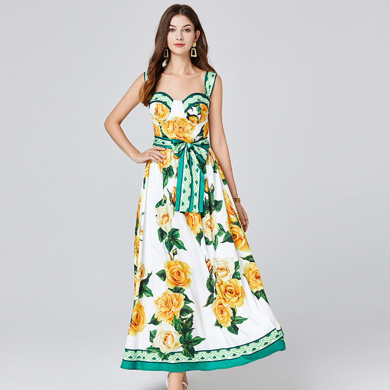 Off-shoulder backless printed sleeveless camisole maxi dress