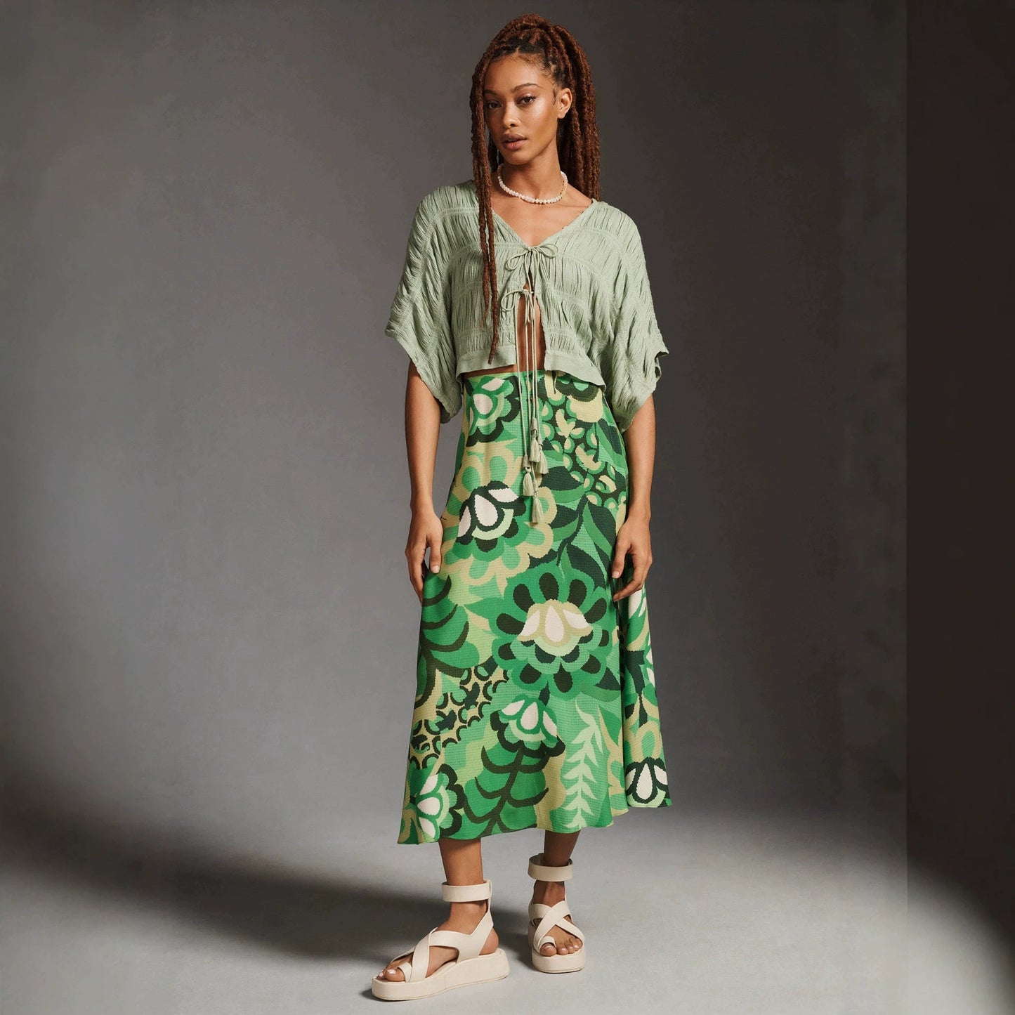 Resort-style floral printed A-line midi skirt