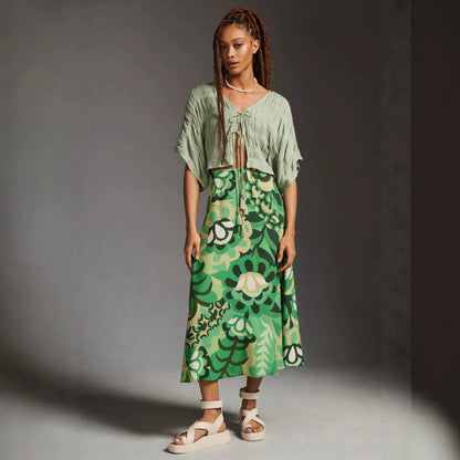 Resort-style floral printed A-line midi skirt