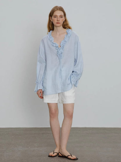 blue V-Neck Tie Shirt