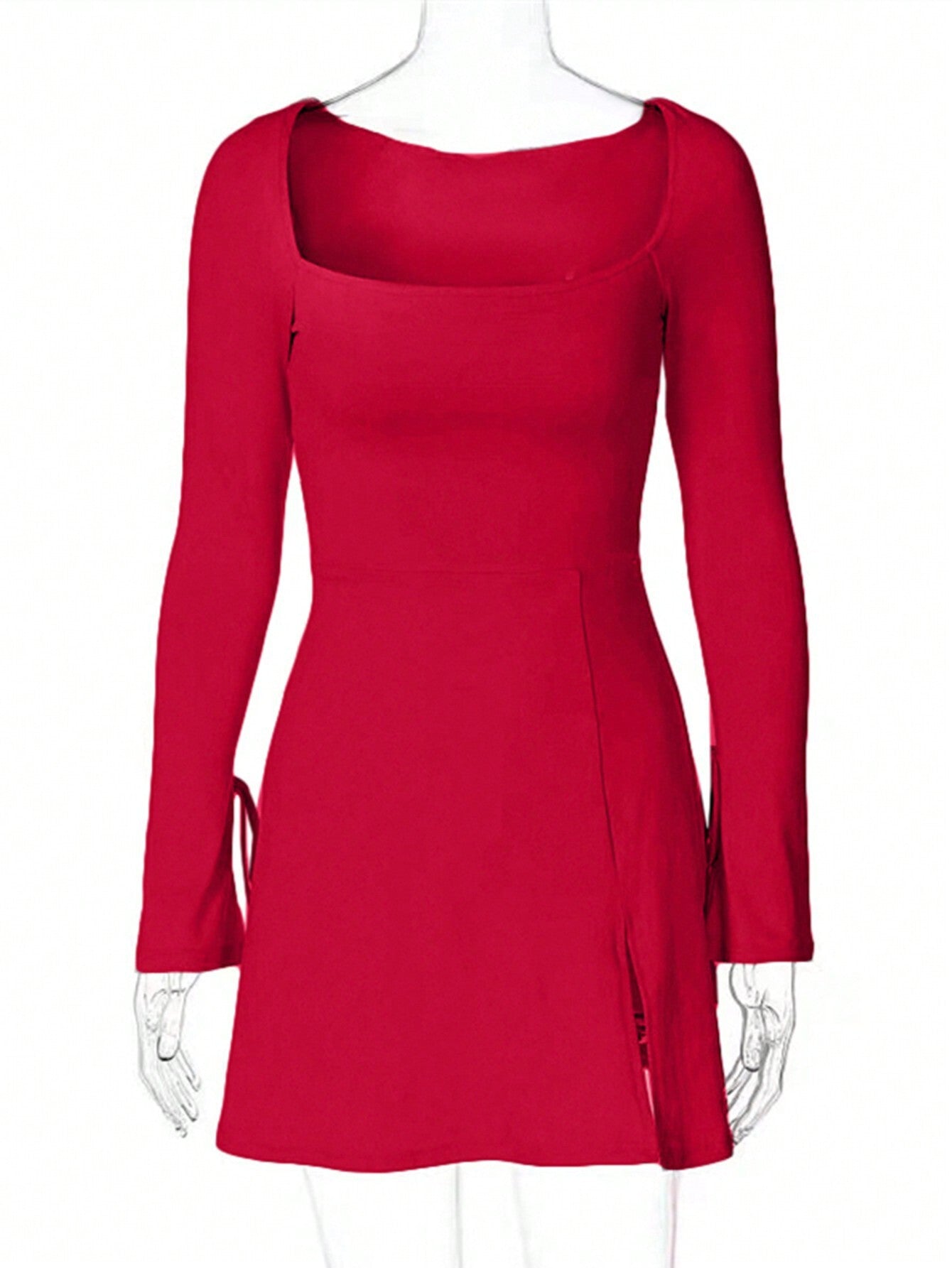 Square neck red high-waisted A-line slit mini dress
